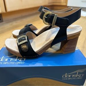 Dansko Anna Burnished Calf Leather Ankle Strap Block Heel Sandal BlackSz 37 US 7
